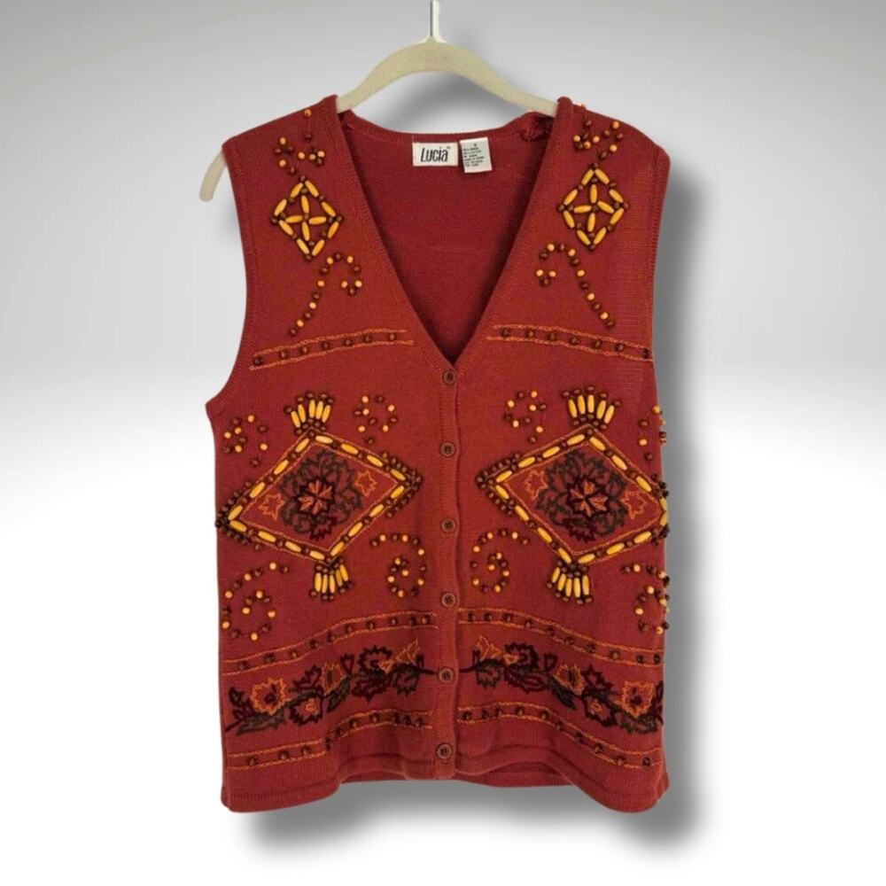 VTG Rust Embroidered Folk Tapestry Sweater Vest Winter Layering Piece